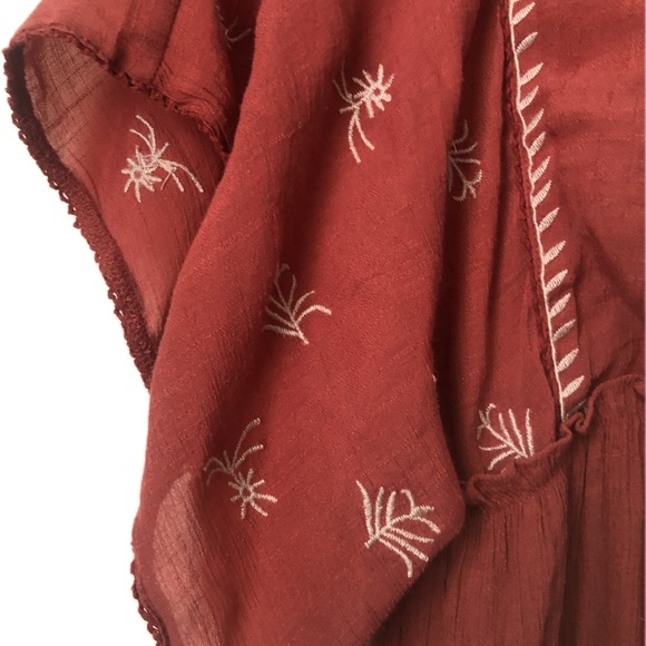 Bo Ho Boho Mini Dress Rust color elastic waist draped sleeves embroidered - Picture 4 of 5